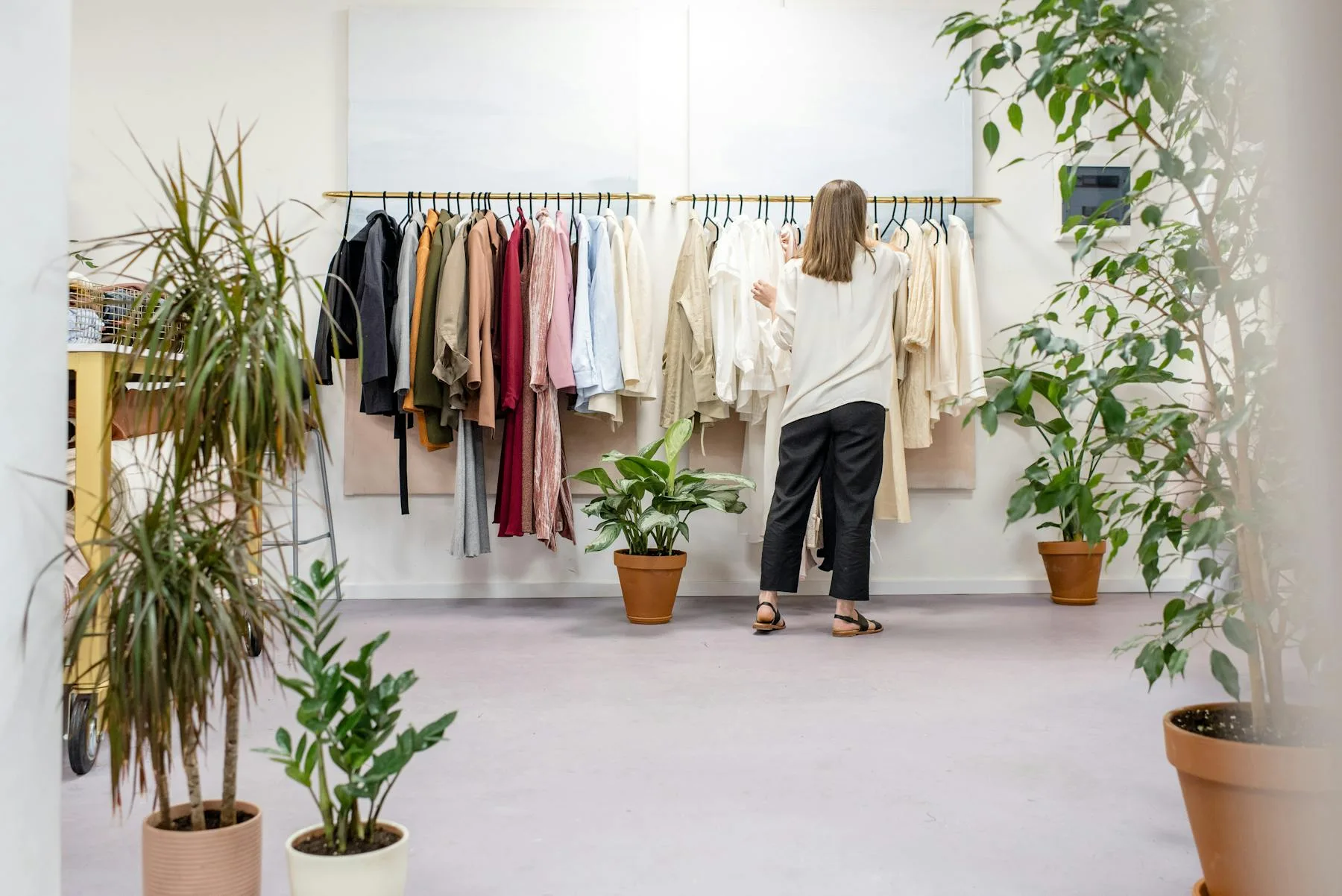 A stylish boutique with clothing racks and indoor plants